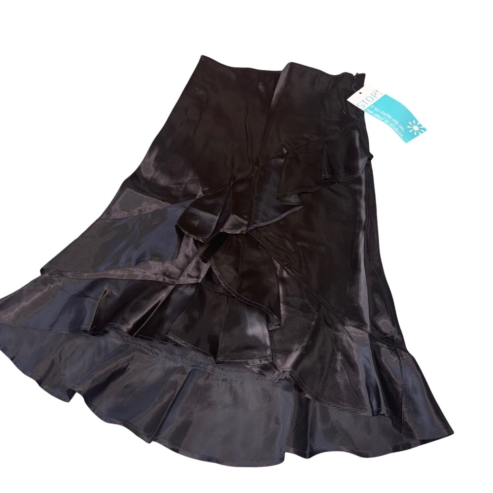 Y2K Delias DEADSTOCK Black Asymmetrical Ruffle Satin Acetate Midi Skirt Size S/M